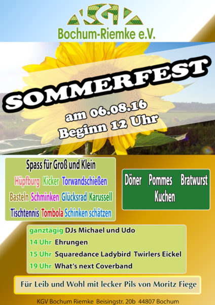 Plakat zum Sommerfest 2016 des KGV Bochum Riemke e.V.